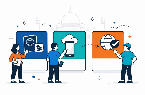 Flat or semi-flat vector illustration, clean lines, modern tech feel, 2D or light isometric. A calm comparison scene with three large cards or panels representing traditional visa (passport + stamp icon), e-Visa (phone + cloud icon), and ETA/online authorization (checkmark + globe icon). Abstract faceless characters pointing at the panels, holding documents and a smartphone. Aid-Air brand palette deep blue and turquoise, India accent color orange. Minimal white/grey background with a faint Taj Mahal outline silhouette. No text in the artwork, no photorealism, organized and safe atmosphere.