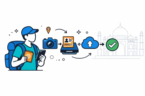 Flat vector illustration, clean modern tech feel, 2D or slight isometric. Deep blue and turquoise primary palette with warm orange accent for India. A faceless abstract traveler holding a smartphone and a passport, with a clear step-by-step roadmap: camera icon, document scan icon, upload cloud icon, checkmark. Minimal white/grey background with a faint line-art silhouette of the Taj Mahal. Calm, organized, secure atmosphere, no photorealism, no facial features.