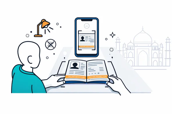 Flat vector illustration, clean lines, modern tech. Deep blue and turquoise palette with orange accent for India. A faceless abstract character places an open passport on a clean desk, smartphone camera above capturing the bio page. Visible elements: soft light icon, no glare symbol, crop frame showing all corners, MRZ area highlighted. Minimal white/grey background with faint Taj Mahal outline. Calm, organized, secure feel, not photorealistic.