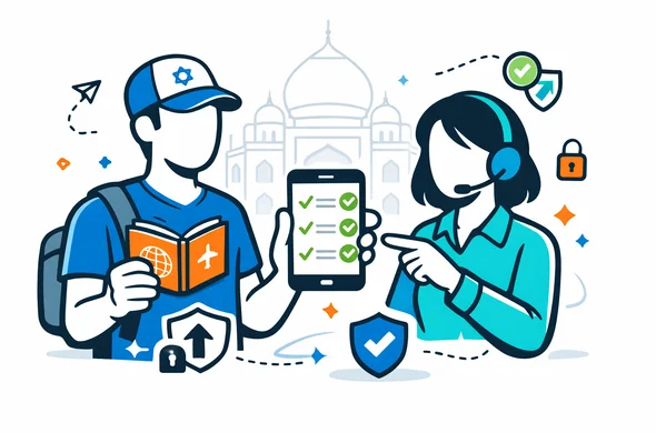 Flat semi-flat vector illustration with clean lines and a modern tech feel, 2D with light isometric depth. Calm organized atmosphere. Two abstract faceless characters: an Israeli traveler holds a passport and a smartphone showing a checklist UI for India visa passport requirements, while a helpful support agent points to green check icons. Add small subtle tech symbols for secure upload and verification. Primary palette deep blue and turquoise with India accent orange. Minimal white and light grey background with a faint Taj Mahal outline. No photorealism, no distinct facial features, no readable text.