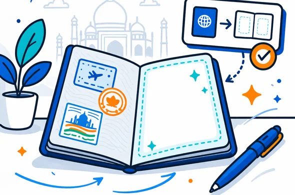 Flat vector illustration, clean lines, modern tech style, calm and efficient. An open passport on a simple desk: left pages show a few abstract stamp shapes and visa stickers, right pages are clearly blank and highlighted. A small floating UI card indicates the requirement for two blank pages using simple icons only. Primary palette deep blue and turquoise with India accent orange. Minimal white and light grey background with a subtle Taj Mahal outline. Calm, safe, organized atmosphere, no photorealism, no readable text.