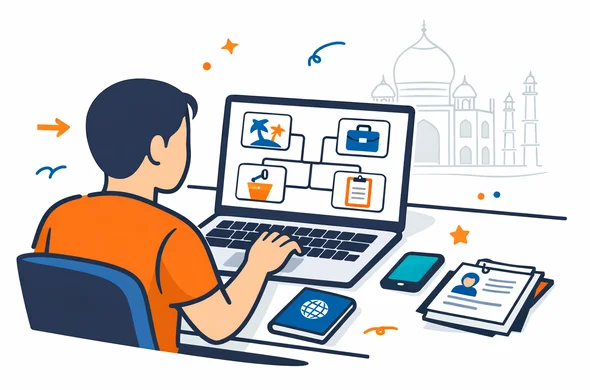 Flat or semi-flat vector illustration, clean lines, modern tech feel, isometric 2D scene of a traveler choosing the right India visa path on a laptop, with simple branching cards for tourist, business, conference and arrival form, passport and phone on desk, abstract faceless characters, deep blue and turquoise primary palette with saffron and warm orange India accents, calm organized efficient safe atmosphere, minimalist white and light grey background with a faint Taj Mahal outline, no text, not photorealistic