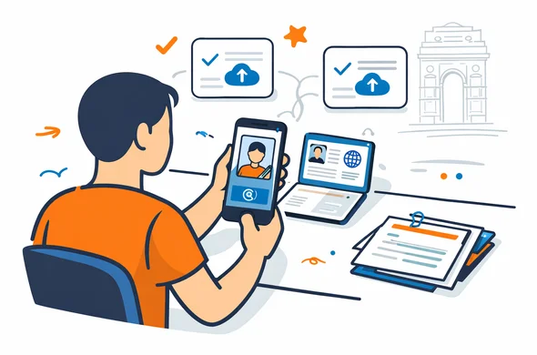 Flat or semi-flat vector illustration, clean lines, modern tech feel, isometric 2D scene of a traveler preparing passport photo and passport scan for an India visa application on a smartphone, checklist cards, upload icons, neat document stack, abstract faceless character, deep blue and turquoise primary palette with saffron and coral India accents, calm organized safe atmosphere, minimalist white and light grey background with faint India Gate outline, no text, not photorealistic