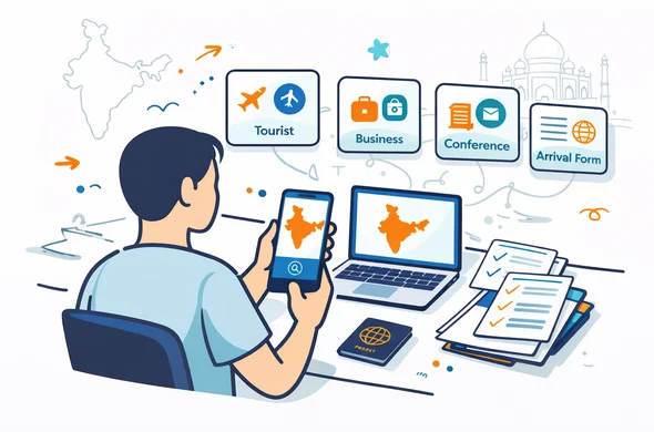 Flat or semi-flat vector illustration, clean lines, modern tech feel, isometric 2D scene of a calm traveler planning an India trip with route cards for tourist, business, conference and arrival form, laptop, passport, checklists and phone, abstract faceless characters, deep blue and turquoise primary palette with saffron, marigold and teal accents, minimalist white and light grey background with a faint map of India and Taj Mahal silhouette, safe organized atmosphere, no text, not photorealistic