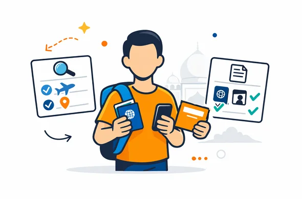 Flat or semi flat vector illustration, clean lines, modern tech feel, 2D or light isometric. A calm traveler holding a passport, smartphone, and conference invitation, with floating checklist cards showing visa path selection and document review. Abstract faceless character, neutral skin tones. Primary palette deep blue and turquoise with warm saffron orange accents inspired by India. Minimal white and light grey background with a faint Taj Mahal silhouette. Organized, safe, efficient atmosphere. No text, no watermark, no photorealism.