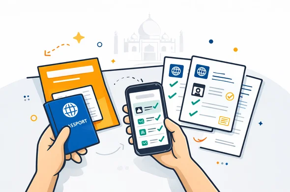 Flat or semi flat vector illustration, clean lines, modern tech feel, 2D or light isometric. A desk scene with passport, conference invitation letter, approval documents, and smartphone showing an organized upload checklist. Abstract faceless hands and a support style interface with check marks. Deep blue and turquoise primary colors with warm saffron orange India accents. Minimal white and light grey background with a faint Indian arch or Taj Mahal outline. Calm, efficient, safe atmosphere. No text, no watermark, no photorealism.