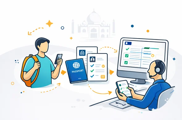 Flat or semi flat vector illustration, clean lines, modern tech feel, 2D or light isometric. A simple step by step online visa workflow for an India conference trip: traveler, phone, passport, document review card, approval path arrows, and support style dashboard. Abstract faceless characters, neutral skin tones. Deep blue and turquoise palette with warm saffron orange India accents. Minimal white and light grey background with a faint Taj Mahal silhouette and small geometric doodles. Calm, organized, safe atmosphere. No text, no watermark, no photorealism.