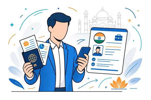 Flat or semi-flat vector illustration, clean lines, modern tech feel, 2D or light isometric. A calm abstract business traveler holding a passport, business documents and smartphone, reviewing an India business visa application card. Deep blue and turquoise primary palette with warm saffron and orange India accents. Minimalist white and light grey background with a faint Taj Mahal outline. Faceless character, neutral skin tone, organized safe atmosphere, no photorealism, no text, high resolution.