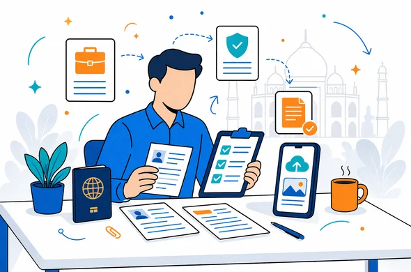 Flat or semi-flat vector illustration, clean lines, modern tech feel, 2D or light isometric. Abstract faceless support workflow for India business visa service: a desk with passport, neatly arranged documents, checklist cards, phone screen and upload icons, with one calm character reviewing everything step by step. Deep blue and turquoise brand palette with warm India orange accents. Minimal white and light grey background with a faint Indian landmark silhouette. Safe efficient organized atmosphere, no photorealism, no text, high resolution.