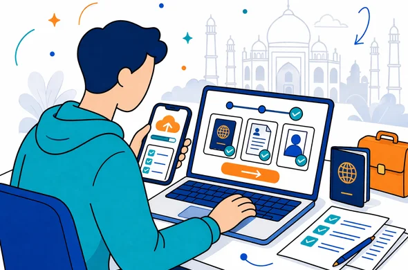 Flat or semi-flat vector illustration, clean lines, modern tech feel, 2D or light isometric. An abstract faceless traveler submitting an India business visa application online on a laptop and smartphone, with visible upload cards, review checkmarks, passport and document icons. Deep blue and turquoise primary colors with warm orange India accents. Minimal white and grey background with a faint skyline or Taj Mahal outline. Calm efficient safe atmosphere, no photorealism, no text, high resolution.