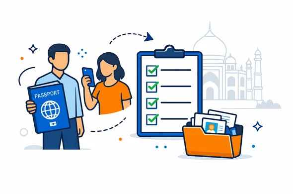 Flat or semi-flat vector illustration, clean modern tech feel, 2D or isometric. A calm organized roadmap for an Indian e-Business visa: abstract faceless characters holding a passport and a smartphone, a checklist with neat checkmarks, and a small folder of documents. Primary palette deep blue and turquoise (Aid-Air brand), accent color warm orange for India. Minimal white/light grey background with a faint outline silhouette of the Taj Mahal. Clean lines, soft shadows, friendly corporate travel vibe, no photorealism, no facial features, neutral skin tones, safe and efficient atmosphere.