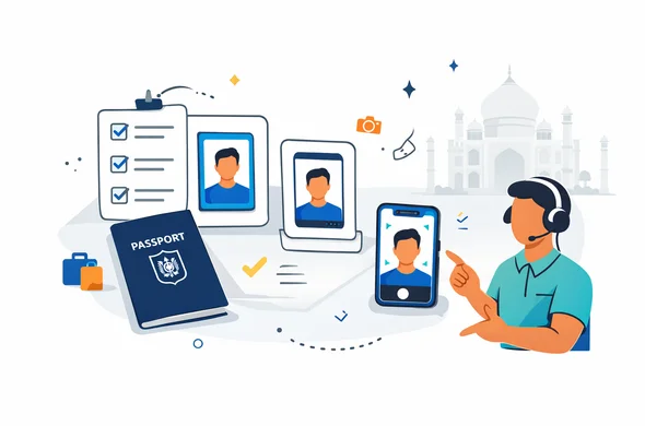 Flat or semi-flat vector illustration, modern tech style, clean lines, 2D composition, not photorealistic. A neat desk with passport, portrait photo, smartphone camera preview, and checklist cards for document preparation before an India tourist visa process. One abstract faceless support character calmly points to passport and photo quality checks. Deep blue and turquoise brand colors with warm Indian saffron-orange accents. Minimal white and soft grey background with a faint Taj Mahal silhouette and tiny travel icons. No readable text, no watermark, organized and reassuring atmosphere.