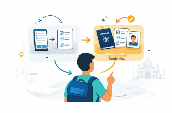 Flat or semi-flat vector illustration, clean modern SaaS style, 2D or isometric, not photorealistic. An abstract faceless traveler choosing between clearly separated travel-service paths, with the 30-day India tourist visa path highlighted as the correct route. Visual elements include passport, mobile form, checklist, document review card, and directional arrows. Deep blue and turquoise main colors with warm saffron-orange India accent. Minimal white and grey background with a faint outline of the Taj Mahal and subtle map-like shapes. Calm, organized, trustworthy atmosphere, no readable text, no watermark.