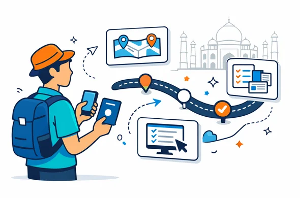 Flat or semi flat vector illustration, clean lines, modern tech feel, 2D isometric composition. A calm faceless traveler holds a passport and smartphone while looking at a simple roadmap for an India tourist visa service. Floating interface cards show route selection, document preparation, and organized online steps. Deep blue and turquoise primary palette with warm orange India accent. Minimal white and light grey background with a faint Taj Mahal outline silhouette. Neutral skin tones, no readable text, no photorealism, safe organized atmosphere.