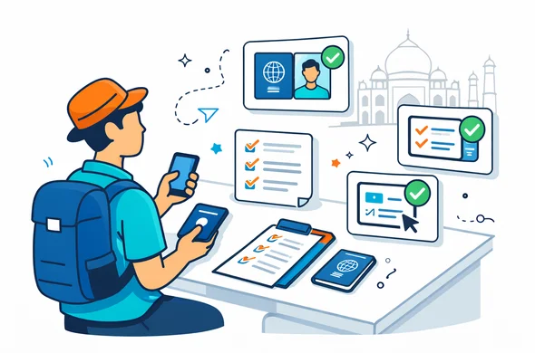 Flat or semi flat vector illustration, clean lines, modern tech feel, 2D isometric composition. A calm faceless traveler sits at a tidy desk with passport, smartphone, document checklist, and photo file preview for an India tourist visa process. Abstract UI cards show checkmarks for passport details, photo quality, and form readiness. Deep blue and turquoise primary palette with warm orange India accent. Minimal white and light grey background with a faint Taj Mahal outline silhouette. Neutral skin tones, no readable text, no photorealism, safe organized atmosphere.