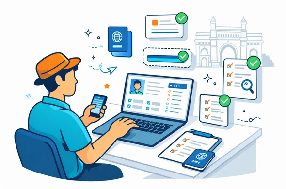 Flat or semi flat vector illustration, clean lines, modern tech feel, 2D layout. A faceless traveler uses a smartphone and laptop to complete an online India tourist visa form while small floating interface cards show form fields, upload status, and final review steps. Deep blue and turquoise palette with warm orange India accent. Minimal white and soft grey background with a faint outline of the Gateway of India. Abstract documents and passport icons, no readable text, calm efficient safe atmosphere, no photorealism.
