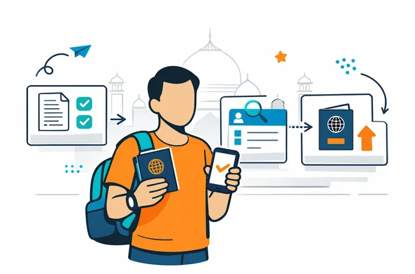 Flat or semi-flat vector illustration, clean lines, modern tech feel, calm organized atmosphere. A faceless traveler holding a passport and smartphone, standing in front of a simple online service flow for a one-year India tourist visa path. Minimal interface cards show document check, form review, and guided submission. Deep blue and turquoise primary palette with warm saffron-orange India accents. Minimal white and light grey background with a faint Taj Mahal outline silhouette. Abstract characters, neutral skin tones, no readable text, no photorealism, no watermark, 2D or light isometric composition.