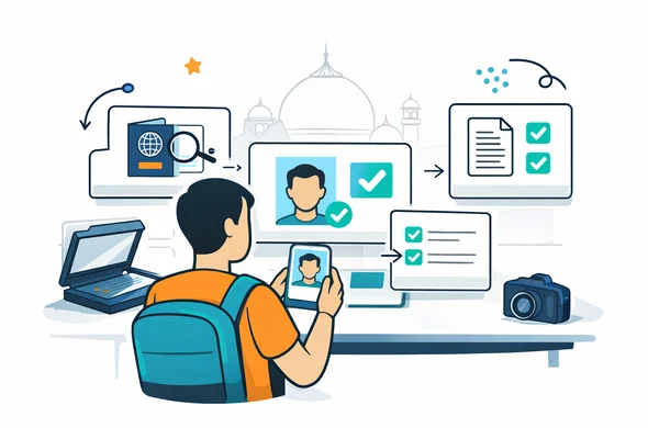 Flat or semi-flat vector illustration, clean lines, modern tech feel, safe and efficient mood. A faceless traveler at a desk preparing passport scan, portrait photo, and document checklist for an India tourist visa service. Floating UI cards show file quality check, passport verification, and image approval. Deep blue and turquoise primary palette with saffron-orange India accents. Minimal white and light grey background with a faint Taj Mahal outline silhouette. Abstract characters, neutral skin tones, no readable text, no photorealism, 2D vector illustration.