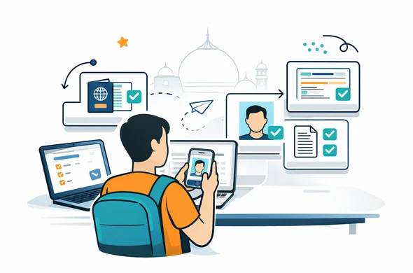 Flat or semi-flat vector illustration, clean lines, modern tech feel, calm secure atmosphere. A faceless support-style scene with an abstract traveler sending details through an online form on a laptop and phone while document review cards show checks for passport, photo, and form accuracy. Deep blue and turquoise primary palette with warm saffron-orange India accents. Minimal white and light grey background with a faint Taj Mahal outline silhouette. Abstract characters, neutral skin tones, no readable text, no photorealism, modern 2D vector illustration.