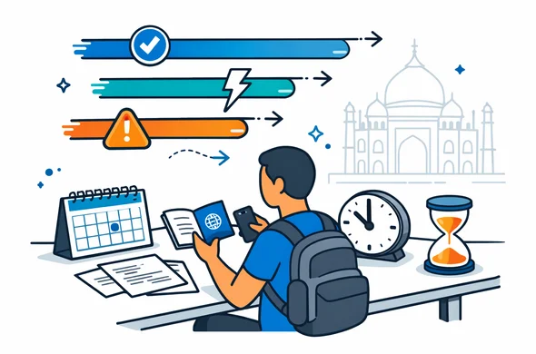 Flat or semi-flat vector illustration, clean lines, modern tech UI feel, isometric desk scene. A faceless traveler with neutral skin tone sits calmly with a passport, printed document sheets, and a smartphone. On the desk: a large calendar, a clock, and an hourglass. Above the desk: three flowing timeline lanes with icons (checkmark, lightning bolt, warning triangle) representing standard, planned, and last-minute urgency. Deep blue and turquoise primary palette with warm orange accent for India. Minimal white/grey background with a faint Taj Mahal outline as a subtle silhouette. Soft shadows, organized composition, calm and efficient mood, no readable text, no logos, no photorealism.