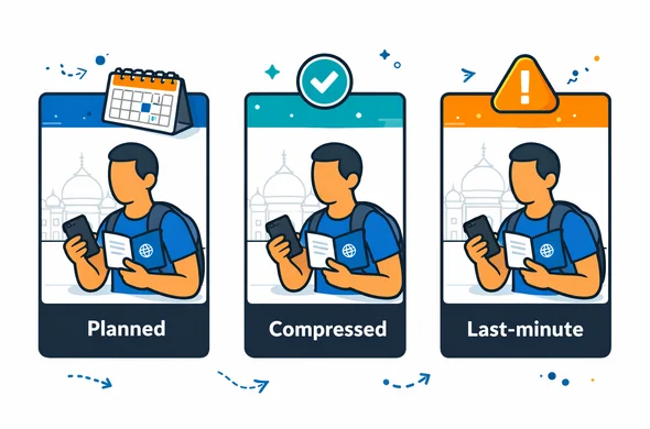 Flat vector infographic style, clean lines, modern tech feel. Three large cards side by side compare visa timing scenarios: planned, compressed, last-minute. Each card uses deep blue and turquoise with orange India accent icons (calendar, checkmark, warning). Faceless abstract characters hold passports and phones. Minimal white/grey background with subtle Taj Mahal outline. Calm, organized, no text, no photorealism.
