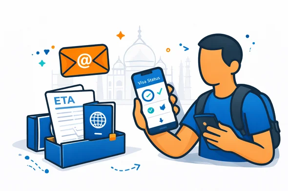 Flat vector illustration, modern tech vibe, 2D or isometric. A faceless abstract character holds a smartphone showing a generic visa status interface with simple icons (progress circle, checkmark, download arrow) without readable text. Nearby are an email envelope icon, a passport, a printed ETA sheet, and a tidy document folder. Deep blue and turquoise palette with orange India accent. Minimal white/grey background with a faint Taj Mahal outline. Calm, safe, efficient atmosphere, clean lines, no photorealism, no text.