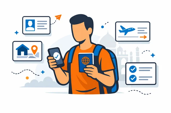 Flat or semi-flat vector illustration, clean lines, modern tech feel, 2D composition. A calm traveler holding a passport and smartphone, reviewing an India e-Arrival Card flow before departure. Minimal UI cards show passport details, flight details, India address, and confirmation steps. Deep blue and turquoise primary palette with India saffron orange accents. Minimal white and light grey background with a faint Taj Mahal silhouette. Faceless abstract character, neutral skin tones, safe organized atmosphere, no photorealism, no readable text.