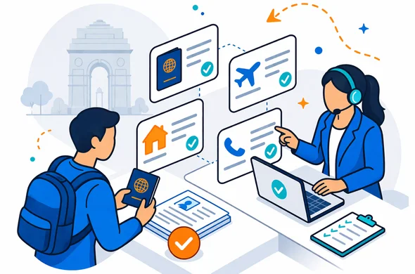 Flat or semi-flat vector illustration, clean lines, modern tech feel, isometric service scene. An abstract support workflow with a faceless traveler on one side and a calm service agent on the other, reviewing passport details, flight details, India stay address, and contact information on floating UI cards. Deep blue and turquoise primary palette with India saffron orange accents. Minimal white and light grey background with a faint India Gate silhouette. Faceless characters, neutral skin tones, calm efficient atmosphere, no photorealism, no readable text.