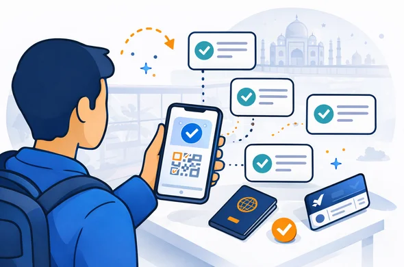 Flat or semi-flat vector illustration, clean lines, modern tech feel, 2D travel compliance scene. A faceless traveler looking at a smartphone with a digital confirmation screen, subtle QR style box, passport nearby, and a boarding pass icon. Floating checkmarks and simple cards indicate completed arrival details. Deep blue and turquoise primary palette with India saffron orange accents. Minimal white and light grey background with a faint airport terminal and Taj Mahal line silhouette. Calm safe atmosphere, no photorealism, no readable text.