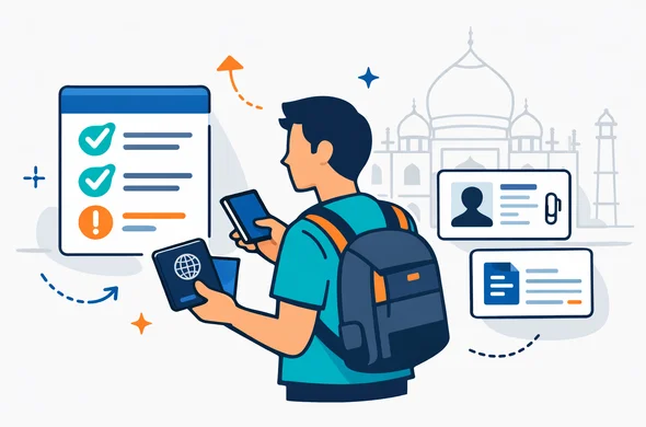 Flat or semi-flat vector illustration with clean lines and a modern tech feel, 2D with slight isometric depth. A faceless Israeli traveler holds a passport and a smartphone while reviewing a large organized digital checklist and simple visa form UI cards (generic icons only, no readable text). Calm, efficient, safe atmosphere. Primary palette deep blue and turquoise; India accent orange highlights. Minimal white and light grey background with a subtle thin-line silhouette of the Taj Mahal. Abstract characters, neutral skin tones, no distinct facial features, no flags, no logos, no watermarks.