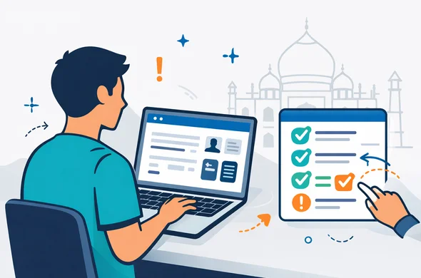 Flat or semi-flat vector illustration with clean lines and a modern tech dashboard aesthetic. A calm faceless character reviews an online visa application on a laptop; the screen shows generic form fields and document thumbnails (no readable text). Next to it, a quality-control checklist panel with multiple green checkmarks and one orange warning being resolved. Primary deep blue and turquoise palette with India orange accent. Minimal white and light grey background with a faint Taj Mahal outline. Organized, secure, trustworthy mood; no logos, no watermarks, no real faces.