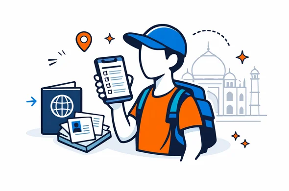 Flat or semi-flat vector illustration, clean modern tech feel. A calm abstract faceless traveler character holding a smartphone with a checklist UI titled "India e-Visa" (no readable small text), next to a passport icon and a small stack of documents. Deep blue and turquoise primary palette (Aid-Air brand vibe) with warm orange accents (India). Minimal white/grey background with a faint outline silhouette of the Taj Mahal. Organized, safe atmosphere, isometric 2D style, thin clean lines, no photorealism.