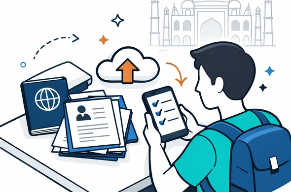 Flat or semi-flat vector illustration, clean lines, modern travel-tech feel, isometric composition. A faceless abstract traveler at a tidy desk holds a smartphone showing generic checklist icons, next to a passport, a neat stack of document thumbnails, and a cloud upload icon. Minimal white and light grey background with a faint outline silhouette of the Taj Mahal. Primary palette deep blue and turquoise, accent color warm orange. Calm, organized, efficient atmosphere, soft shadows, no photorealism, no readable text, no national flags, no distinct facial features.