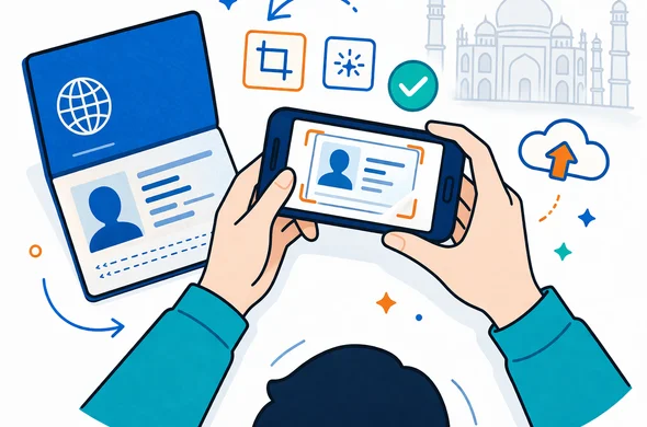 Semi-flat vector illustration, 2D top-down composition with clean lines and modern tech vibe. A neutral faceless character holds a smartphone above an open passport bio page to capture a clear scan, with floating UI icons: crop frame, focus spark, checkmark, upload cloud. Minimal white or light grey background with a faint outline silhouette of the Taj Mahal. Primary deep blue and turquoise palette with warm orange accents. Calm, organized, safe mood, no photorealism, no readable text, no distinct facial features.
