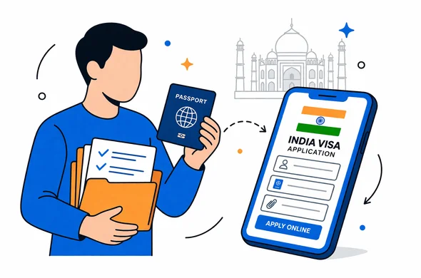Flat or semi-flat vector illustration, clean lines, modern tech feel, isometric layout. A calm organized workflow scene: an abstract faceless character holds a passport and a folder of documents with checkmarks, while a smartphone shows an online visa form. Primary colors deep blue and turquoise with orange accents for India. Minimal white and grey background with a faint Taj Mahal outline. Not photorealistic, no detailed faces, neutral skin tones, safe and efficient atmosphere.