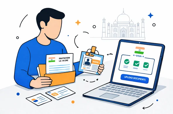 Flat vector illustration, isometric or clean 2D. An abstract faceless character arranges an invitation letter, a business card, and a conference badge on a desk. A laptop shows an online e-visa document upload screen with checkmarks. Primary deep blue and turquoise with orange accents for India. Minimal white and grey background with a faint Taj Mahal outline. Calm, organized, trustworthy, modern tech vibe. No photorealism, no detailed faces.