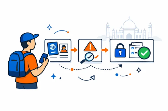 Flat or semi-flat vector illustration, clean lines, modern tech feel, isometric layout. A calm traveler holding a passport and smartphone, viewing a simple roadmap flow from documents and photo to error checking to secure submission. Abstract UI cards with checkmarks and small icons (passport, photo, form). Primary colors deep blue and turquoise, India accent warm orange. Minimal white and light grey background with a faint Taj Mahal outline silhouette. Abstract faceless characters, neutral skin tones, calm organized safe atmosphere, no photorealism, no readable text, high resolution.