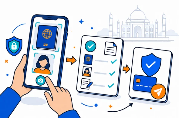 Flat or semi-flat vector illustration, modern tech UI, clean lines, light isometric. Close-up of a smartphone scanning a passport and a digital passport photo, then a checklist panel with multiple checkmarks, then a secure payment and submission icon. Add a subtle shield icon for data security. Primary colors deep blue and turquoise, India accent warm orange. Minimal white and light grey background with a faint Taj Mahal outline silhouette. Abstract faceless characters, neutral skin tones, calm safe efficient mood, no photorealism, no readable text, high resolution.