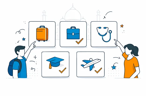 2D vector infographic style, clean grid of cards comparing India visa types with simple icons suitcase, briefcase, stethoscope, graduation cap, airplane, faceless abstract characters pointing to cards, deep blue and turquoise brand palette with orange accents, minimalist white background, faint Taj Mahal outline, calm secure efficient, modern tech UI elements, no photorealism, no text