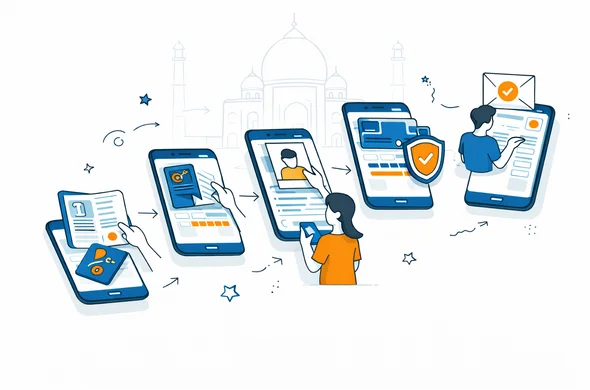 Isometric flat vector illustration of a step by step digital visa application process on a smartphone scanning passport uploading photo filling form secure payment receiving approval email with progress bar and shield icon faceless abstract characters deep blue and turquoise with orange India accents minimal white grey background with faint Taj Mahal silhouette calm organized clean lines no photorealism no text