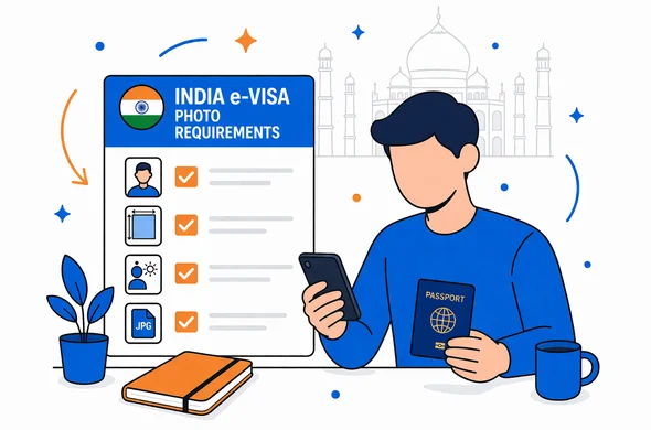Flat semi vector illustration, modern tech feel, calm and organized scene. An abstract faceless traveler is sitting at a desk with a smartphone and passport, checking a neat checklist for India e Visa photo requirements. Deep blue and turquoise primary palette with warm orange accents for India. Minimal white grey background with a faint Taj Mahal silhouette outline. Clean lines, 2D or light isometric, no photorealism, no detailed facial features, safe and efficient atmosphere.