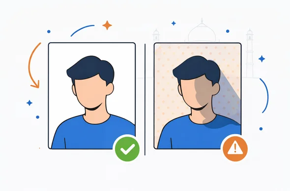 Flat vector illustration split panel: left shows a compliant passport style photo frame with an abstract faceless person, plain white or light background, centered head, clean lighting, checkmark icon. Right shows a non compliant frame with shadows, patterned background, and a warning icon, but keep the person faceless and abstract. Deep blue and turquoise palette with orange accents for India. Minimal background with faint Taj Mahal silhouette outline. Clean modern lines, 2D or light isometric, no photorealism.