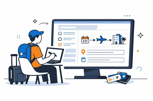 Flat semi-flat vector illustration of a traveler filling an online visa form with a simple travel itinerary timeline, clean modern tech feel, faceless abstract characters, calm organized atmosphere, minimal background, Aid-Air palette.