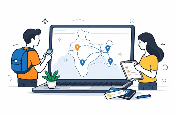 Flat semi-flat vector illustration of a simple travel itinerary map with connected Indian cities and organized route planning on a laptop screen, clean modern tech feel, faceless abstract characters, calm organized atmosphere, minimal background, Aid-Air palette.