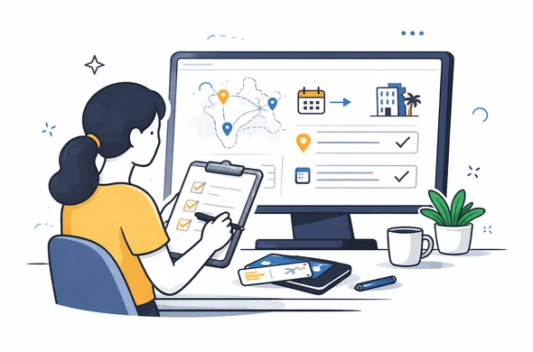 Flat semi-flat vector illustration of a person reviewing an online visa application with checklist items for itinerary, dates, and accommodation consistency, clean modern tech feel, faceless abstract characters, calm organized atmosphere, minimal background, Aid-Air palette.