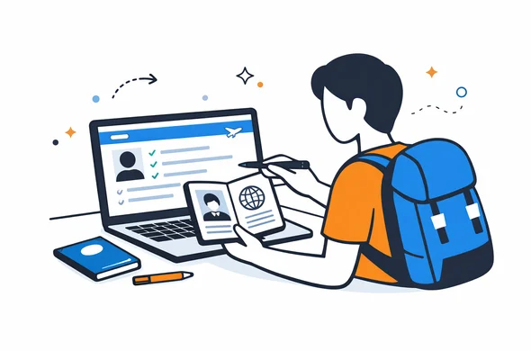 Flat semi-flat vector illustration of a traveler reviewing submitted India visa form details on a laptop, checking passport against fields, calm organized atmosphere, faceless abstract characters, minimal background, Aid-Air palette, clean modern tech feel