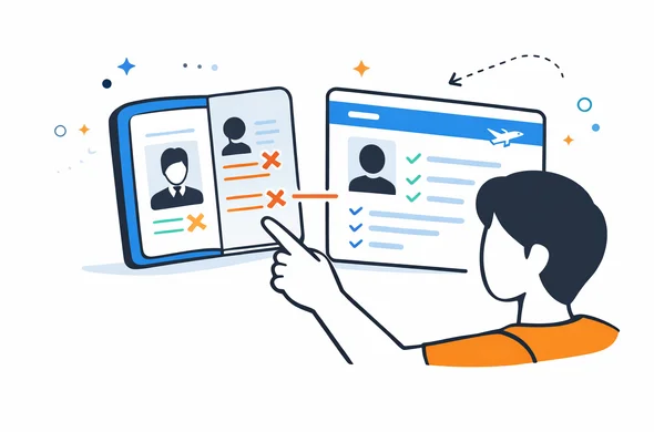 Flat semi-flat vector illustration of side-by-side passport and submitted visa form comparison, abstract faceless character highlighting mismatched details, calm organized atmosphere, minimal background, Aid-Air palette, clean modern tech feel