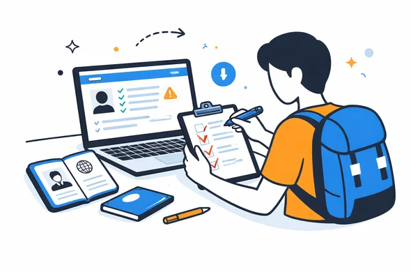 Flat semi-flat vector illustration of a calm traveler organizing next steps after finding a mistake in a visa application, checklist, laptop, passport, abstract faceless character, minimal background, Aid-Air palette, clean modern tech feel