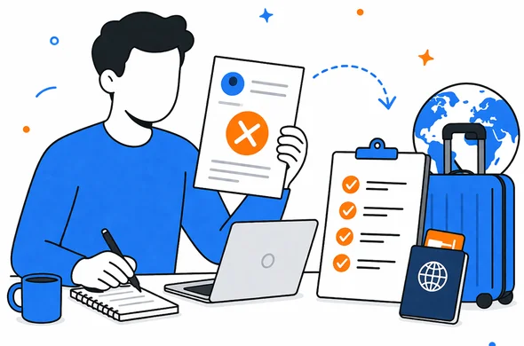 Flat semi-flat vector illustration of a traveler reviewing an e-visa refusal notice and organizing next steps, calm organized atmosphere, faceless abstract characters, minimal background, clean modern tech feel, Aid-Air palette
