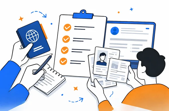 Flat semi-flat vector illustration of a checklist with passport, online form, and uploaded documents being reviewed carefully, faceless abstract characters, calm organized atmosphere, minimal background, Aid-Air palette, clean modern tech feel